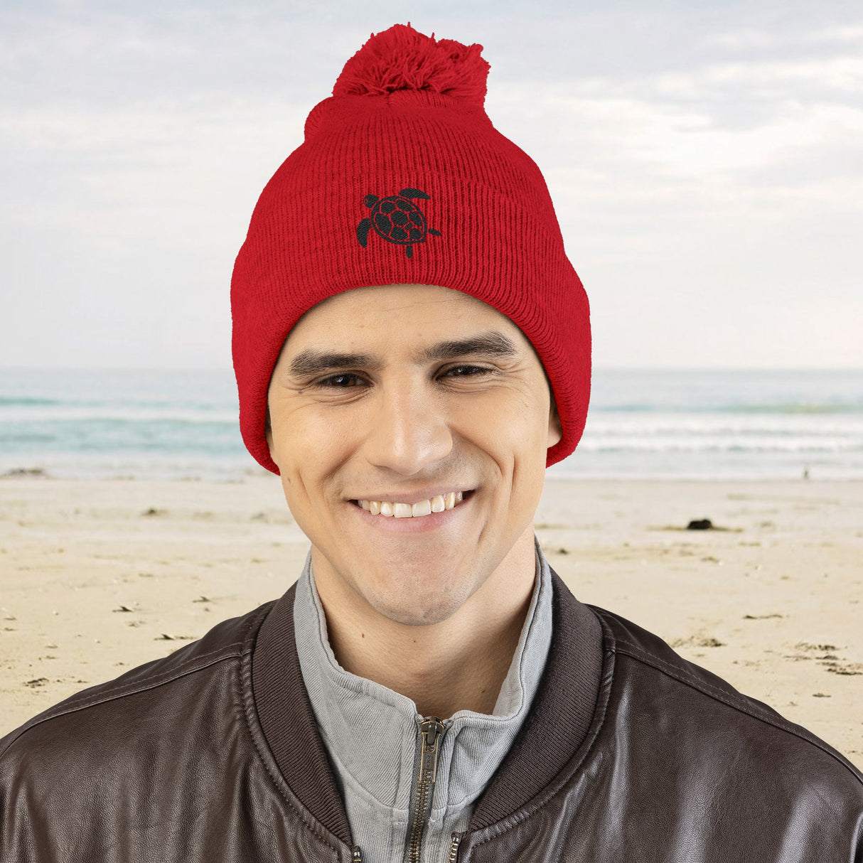 Cozy Pom-Pom Knit Cap with Black Sea Turtle Embroidery - 5 colors