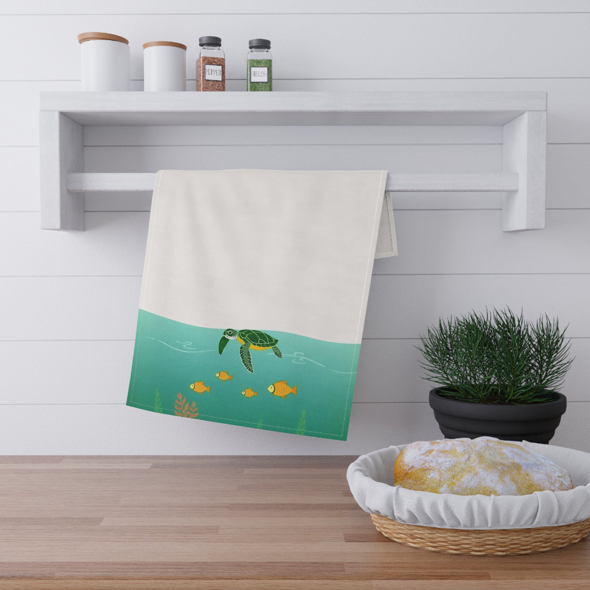 Blue and Green Sea Turtle and Fish Tea Towel (cotton, poly)