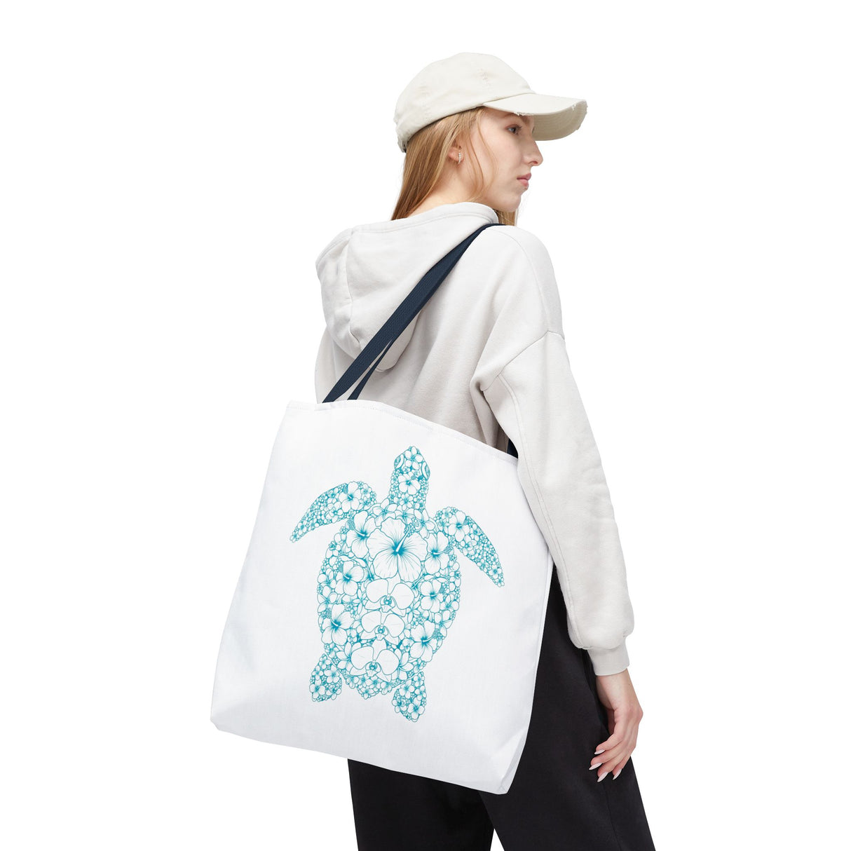 White and Teal Tropical Flower Sea Turtle Tote Bag - 3 sizes