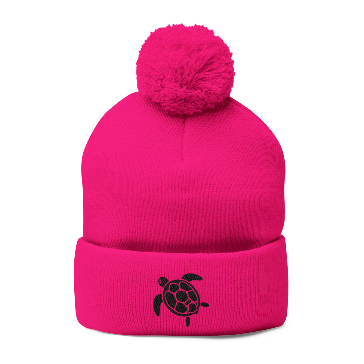 Cozy Pom-Pom Knit Cap with Black Sea Turtle Embroidery - 5 colors