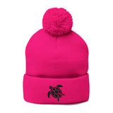 Cozy Pom-Pom Knit Cap with Black Sea Turtle Embroidery - 5 colors