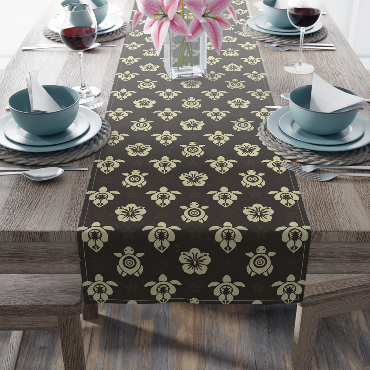 Dark Brown Sea Turtle and Floral Print Table Runner