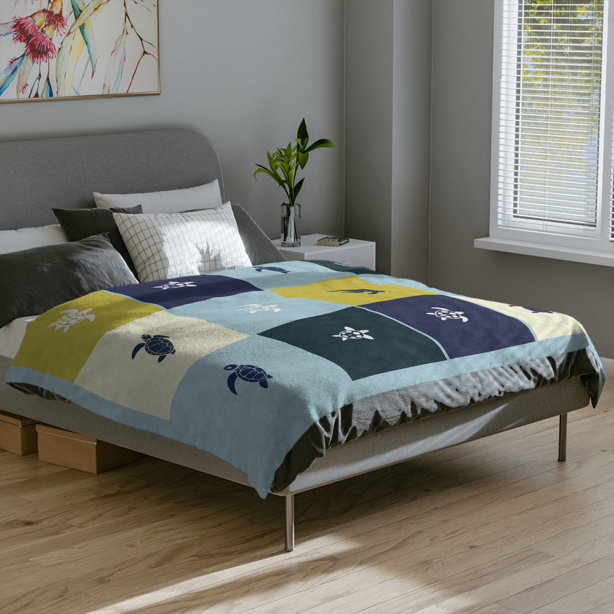 Sea Turtle-Squares Themed Velveteen Microfiber Blanket - 3 Sizes