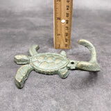 Cast Iron Sea Turtle Wall Hooks Green Gold Patina (1 metal hook approx. 4.75+ inches) Green Sea Turtle Double Wall Hook for coastal decor!
