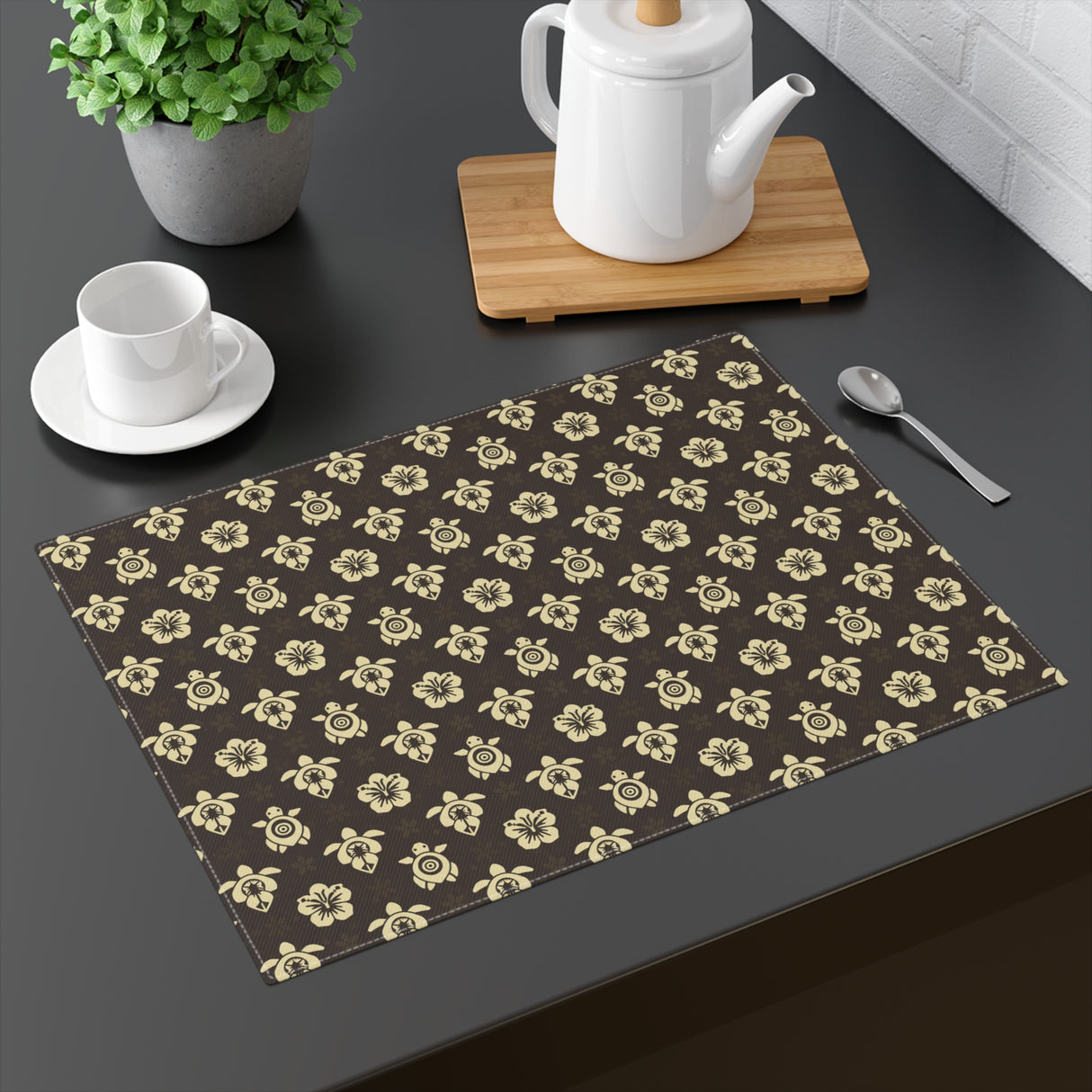 Dark Brown Sea Turtle and Floral Pattern Placemat