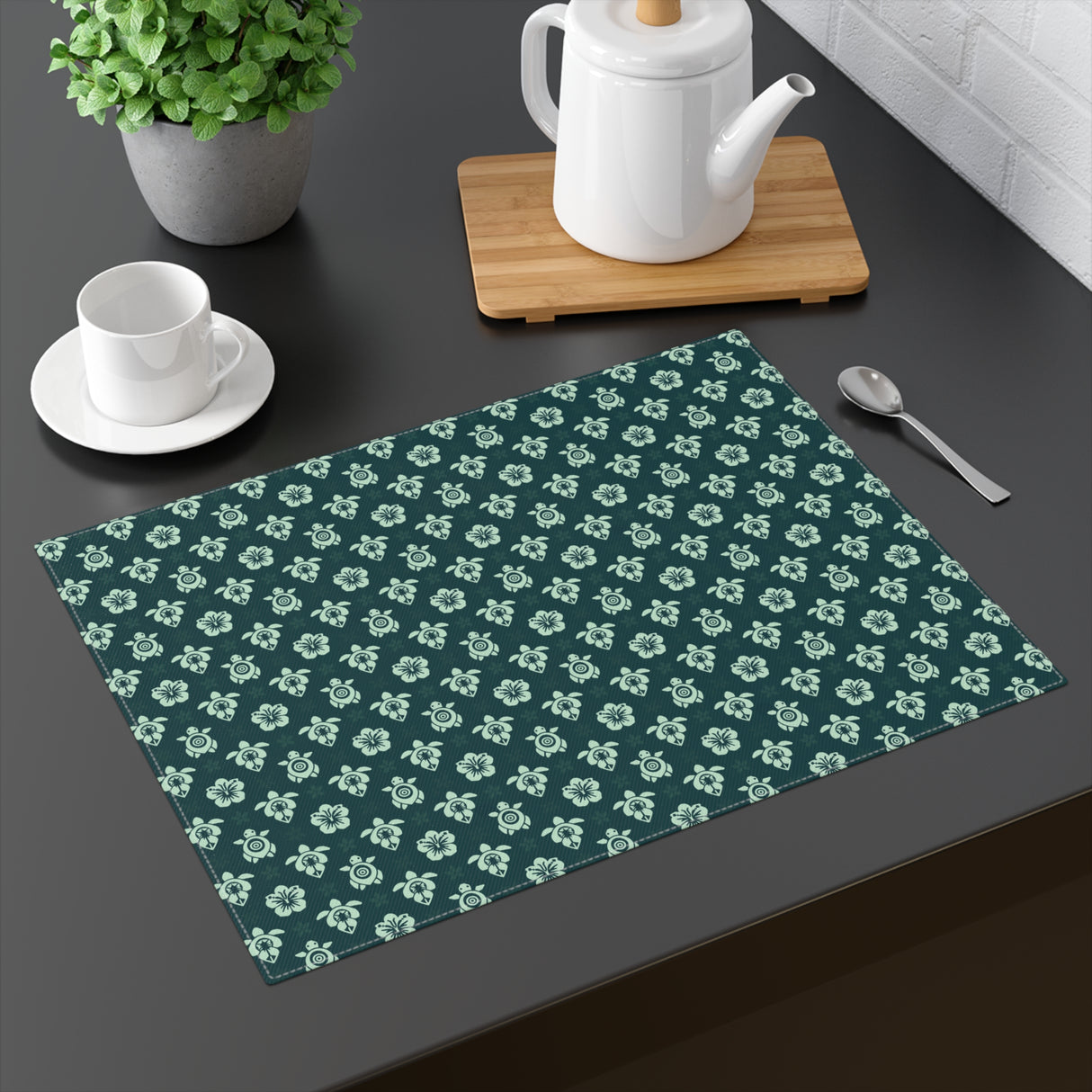 Dark Teal Sea Turtle and Floral Pattern Placemat