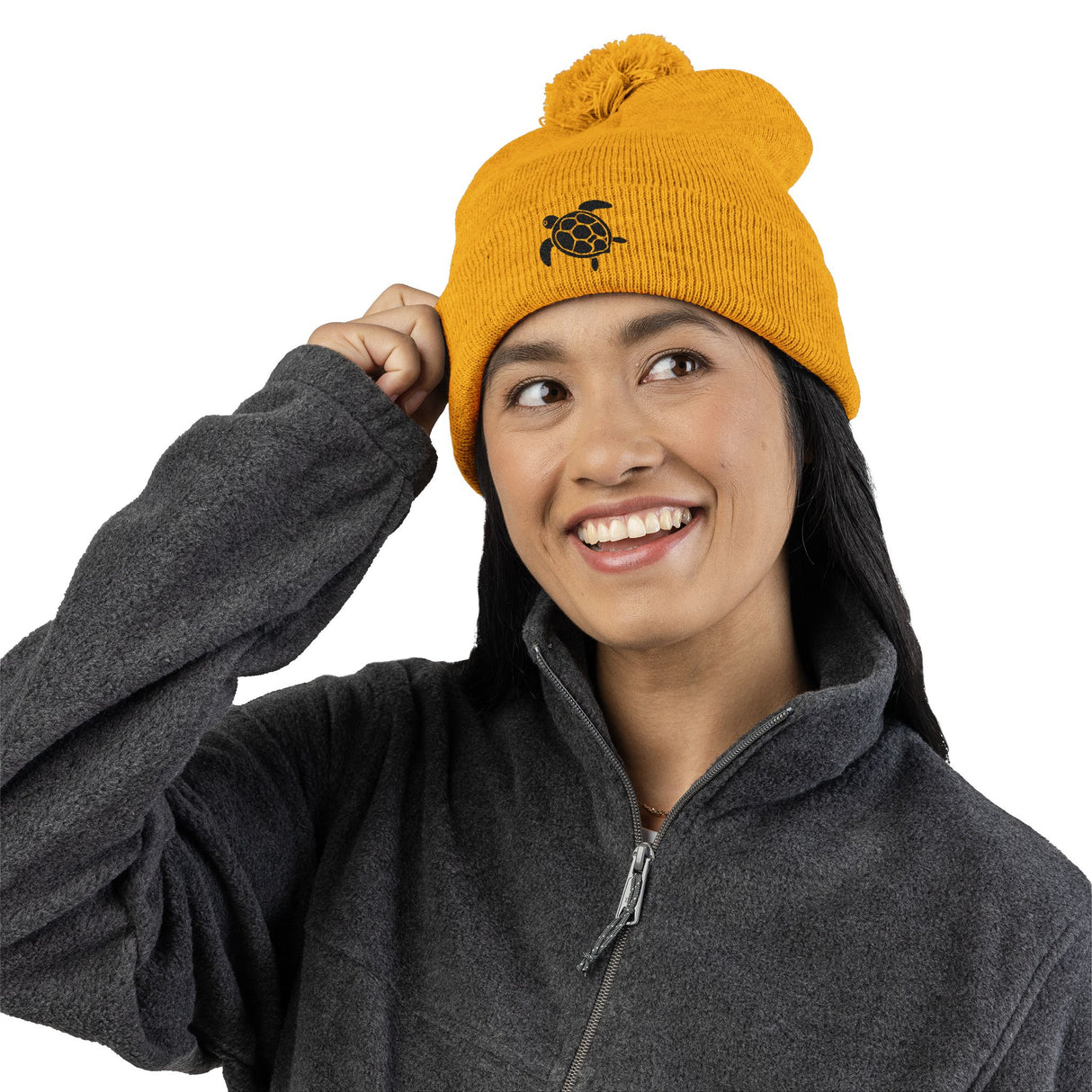 Cozy Pom-Pom Knit Cap with Black Sea Turtle Embroidery - 5 colors