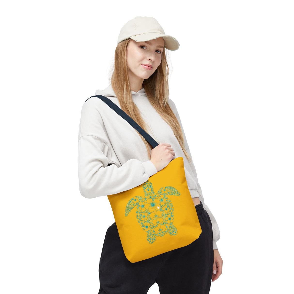 Gold and Teal Tropical Flower Sea Turtle Tote Bag, Eco-Friendly Shopping Bag, Summer Beach Bag, Animal Lover Gift, Cute Tote for Kids & Adults