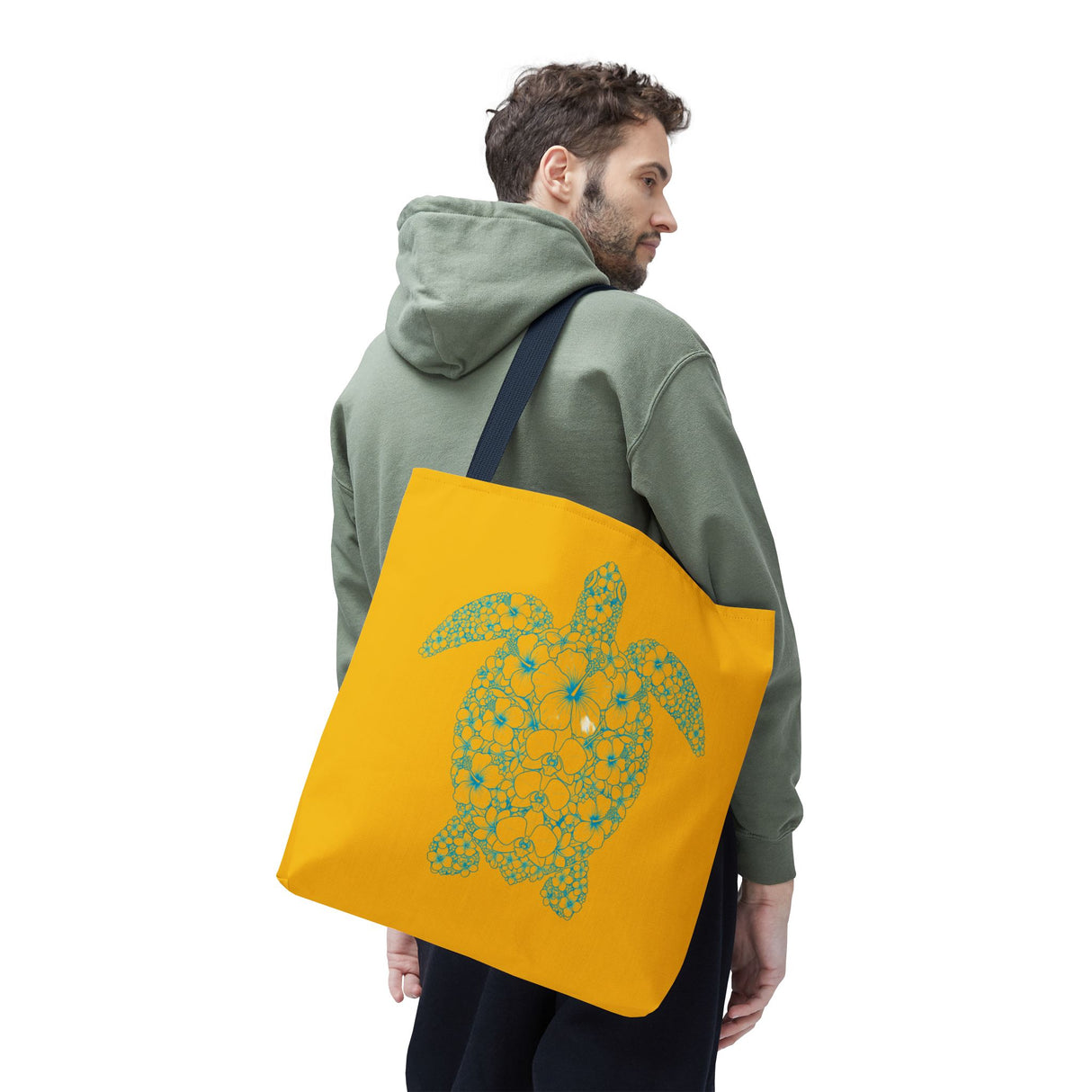 Gold and Teal Tropical Flower Sea Turtle Tote Bag, Eco-Friendly Shopping Bag, Summer Beach Bag, Animal Lover Gift, Cute Tote for Kids & Adults