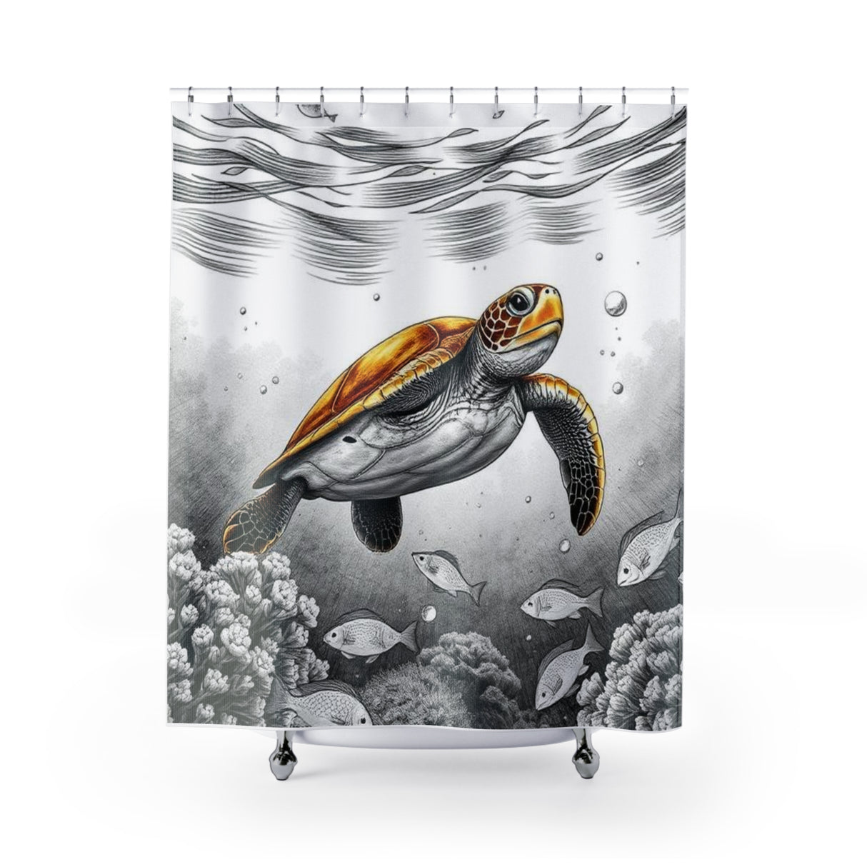 Brown Black n White Sea Turtle Shower Curtains - Coastal Bathroom Decor