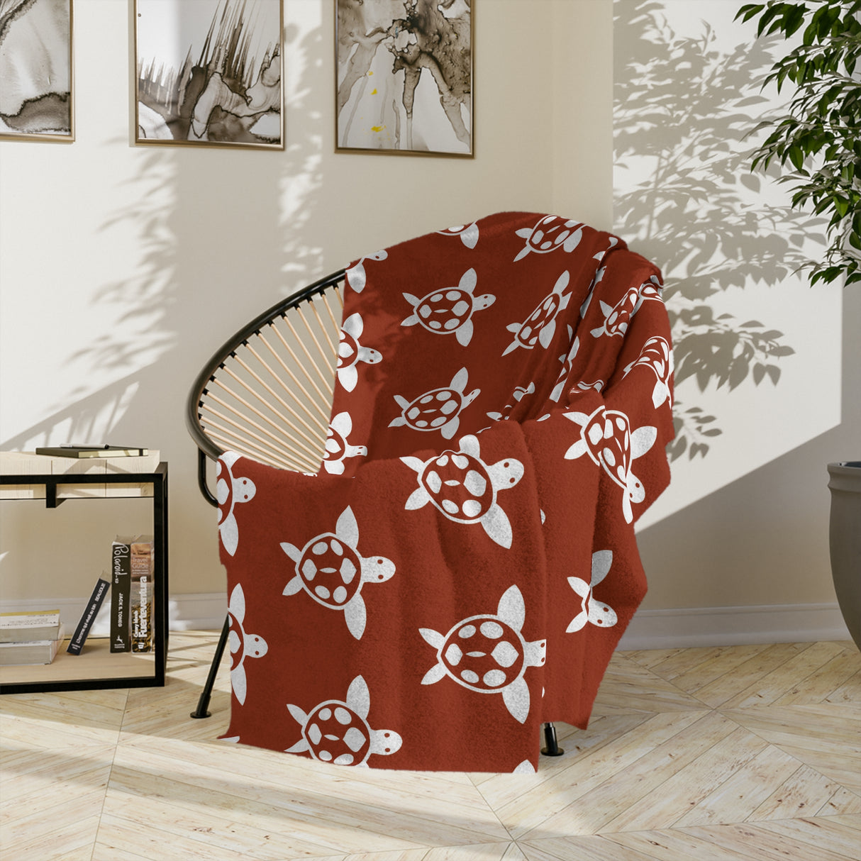 Burnt Orange and White Sea Turtle-Themed Velveteen Microfiber Blanket - 3 Sizes