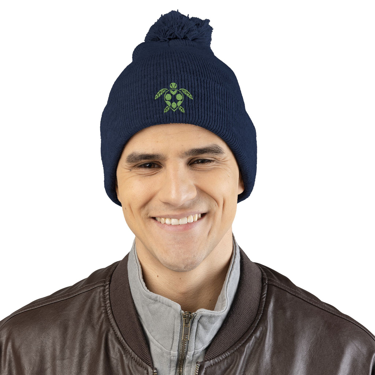 Cozy Pom-Pom Knit Cap with Green Sea Turtle Embroidery