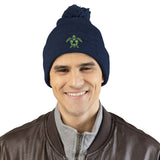 Cozy Pom-Pom Knit Cap with Green Sea Turtle Embroidery