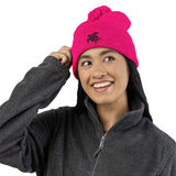 Cozy Pom-Pom Knit Cap with Black Sea Turtle Embroidery - 5 colors