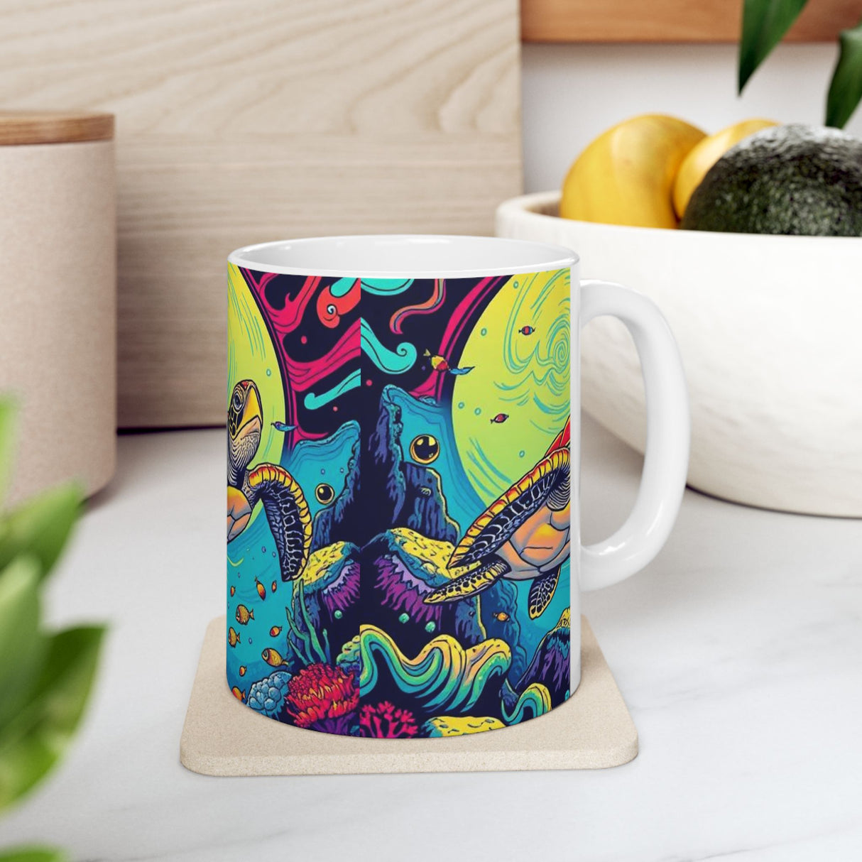 Cosmic Sea Turtle Ceramic Mug - Sea Turtle Lover Gift, Ocean Decor, Turtle Art, Eco-Friendly Drinkware, Groovy Coffe Cup