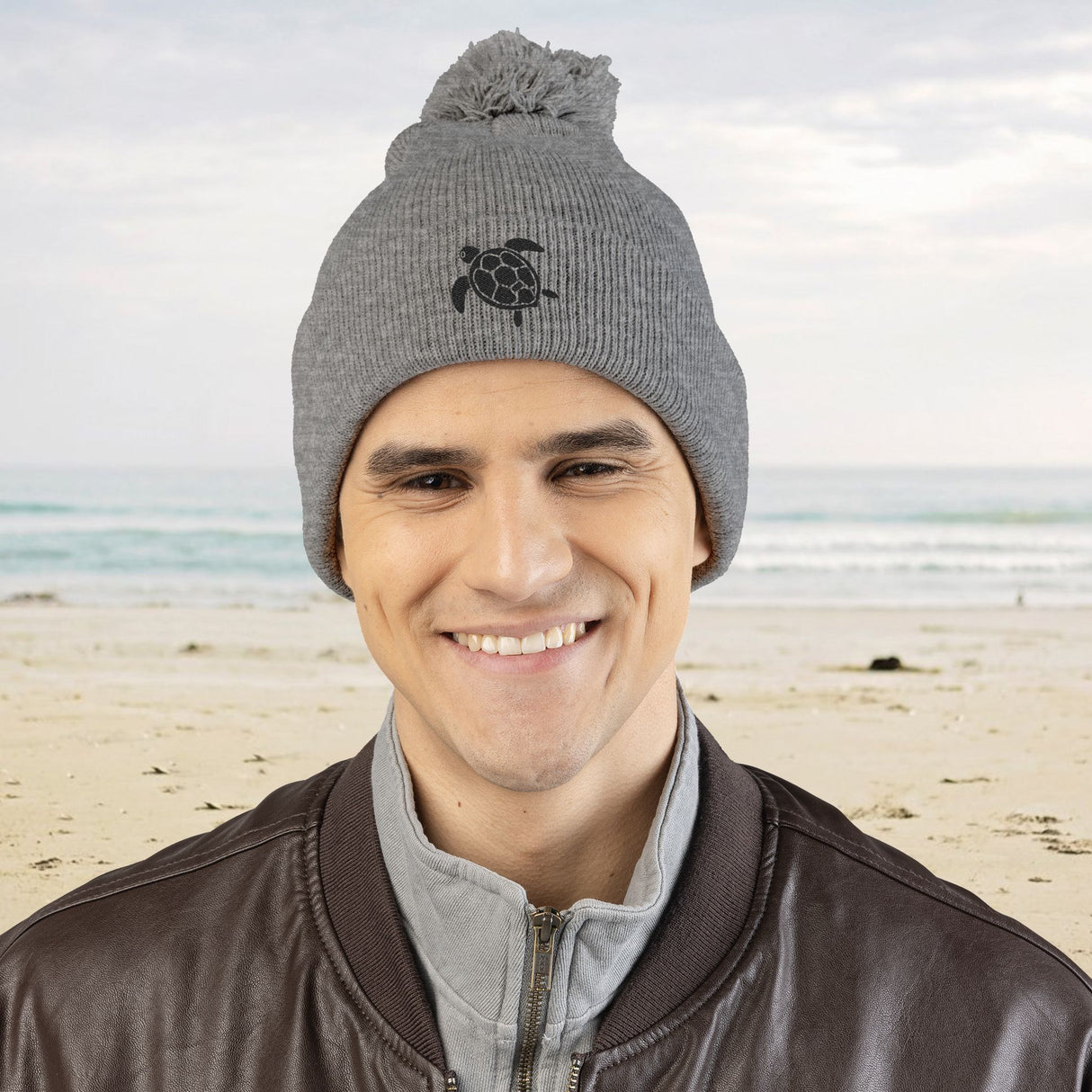 Cozy Pom-Pom Knit Cap with Black Sea Turtle Embroidery - 5 colors