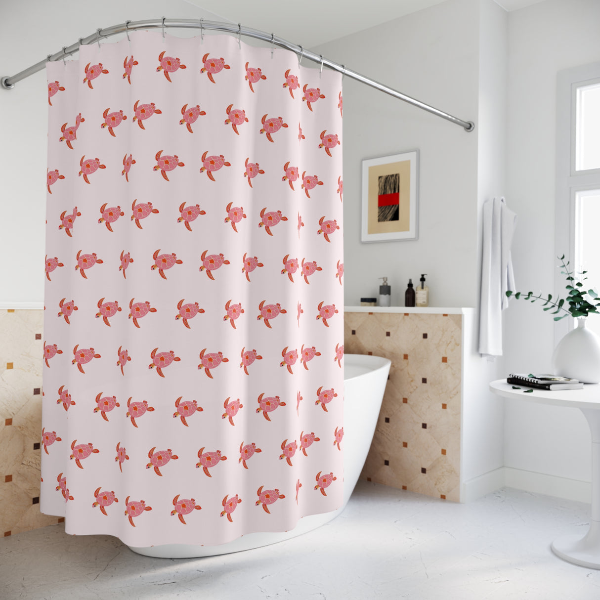 Fun Pink Sea Turtle Shower Curtains - Coastal Bathroom Decor