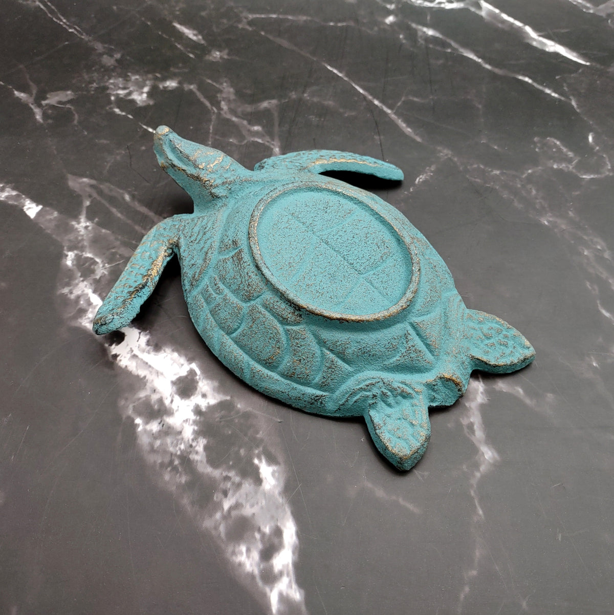 Cast Iron Sea Turtle Green Metal Dish (1 dish approx. 7+ inches wide) Green Metal Sea Turtle Plate adds coastal charm to kitchen & home!