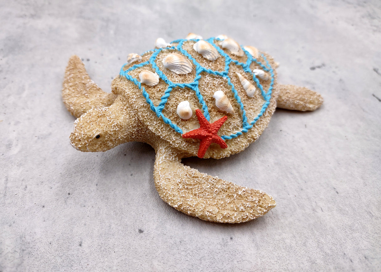 Sandy Sea Turtle Figure With Seashells Net Starfish (1 turtle approx. 5+ inches) Sand Texture Resin Cast Sea Turtle Figure for home decor!