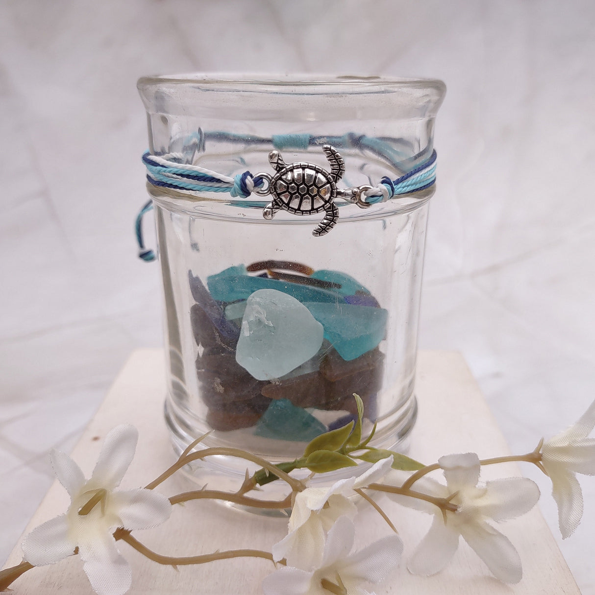 Sea Turtle Charm Bracelet Dark and Light Blue White Cord (approx. 5-7+ inches AROUND) Navy and Baby Blue Sea Turtle String Bracelet to gift!