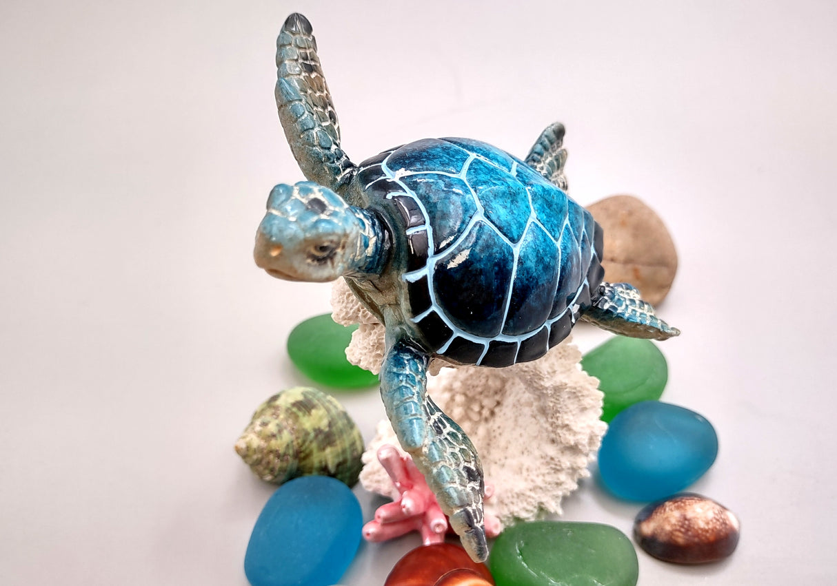 Blue Sea Turtle Figurine on Coral Painted Resin (1 turtle approx. 5+ inches) Blue Painted Resin Turtle on Coral for coastal home décor!
