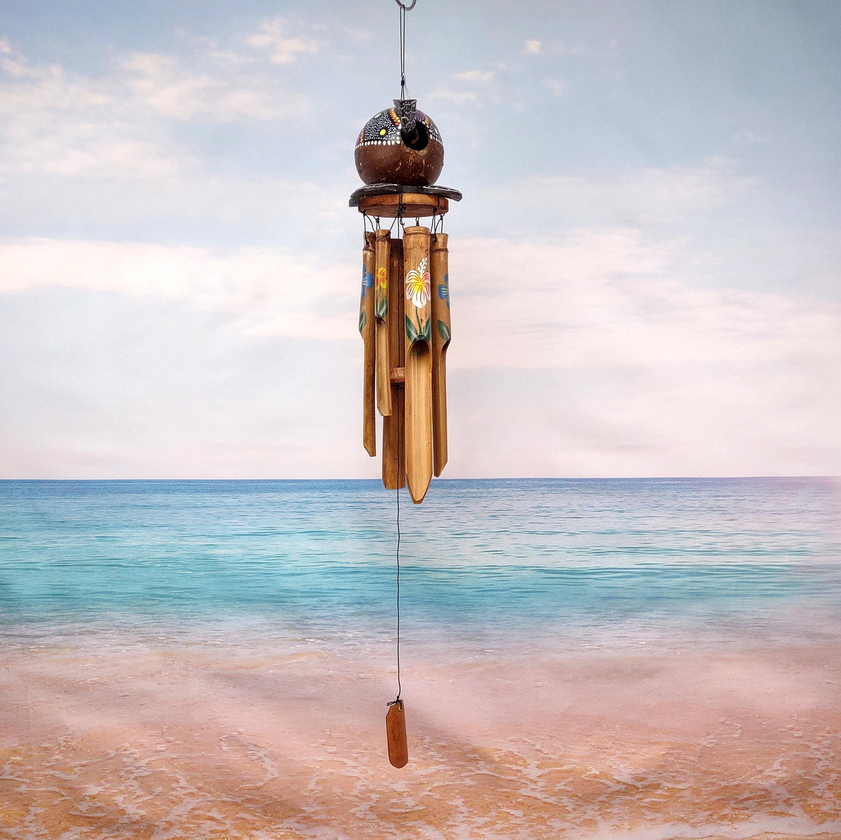 Painted Coconut Sea Turtle Bamboo Windchime Blue Dot (1 chime approx. 30 x 5 inches) Hanging Painted Sea Turtle Chime for patio decor!