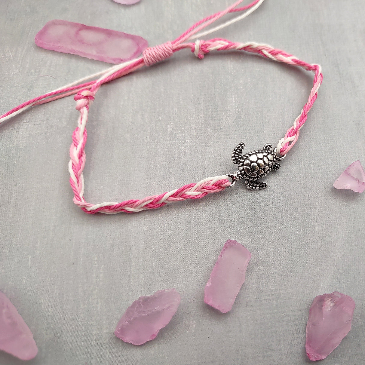 Sea Turtle Bracelet Braided Cord Magenta Pink White (approx. 5-7+ inches AROUND) Rose Blush White Knit String Sea Turtle Bracelet to gift!