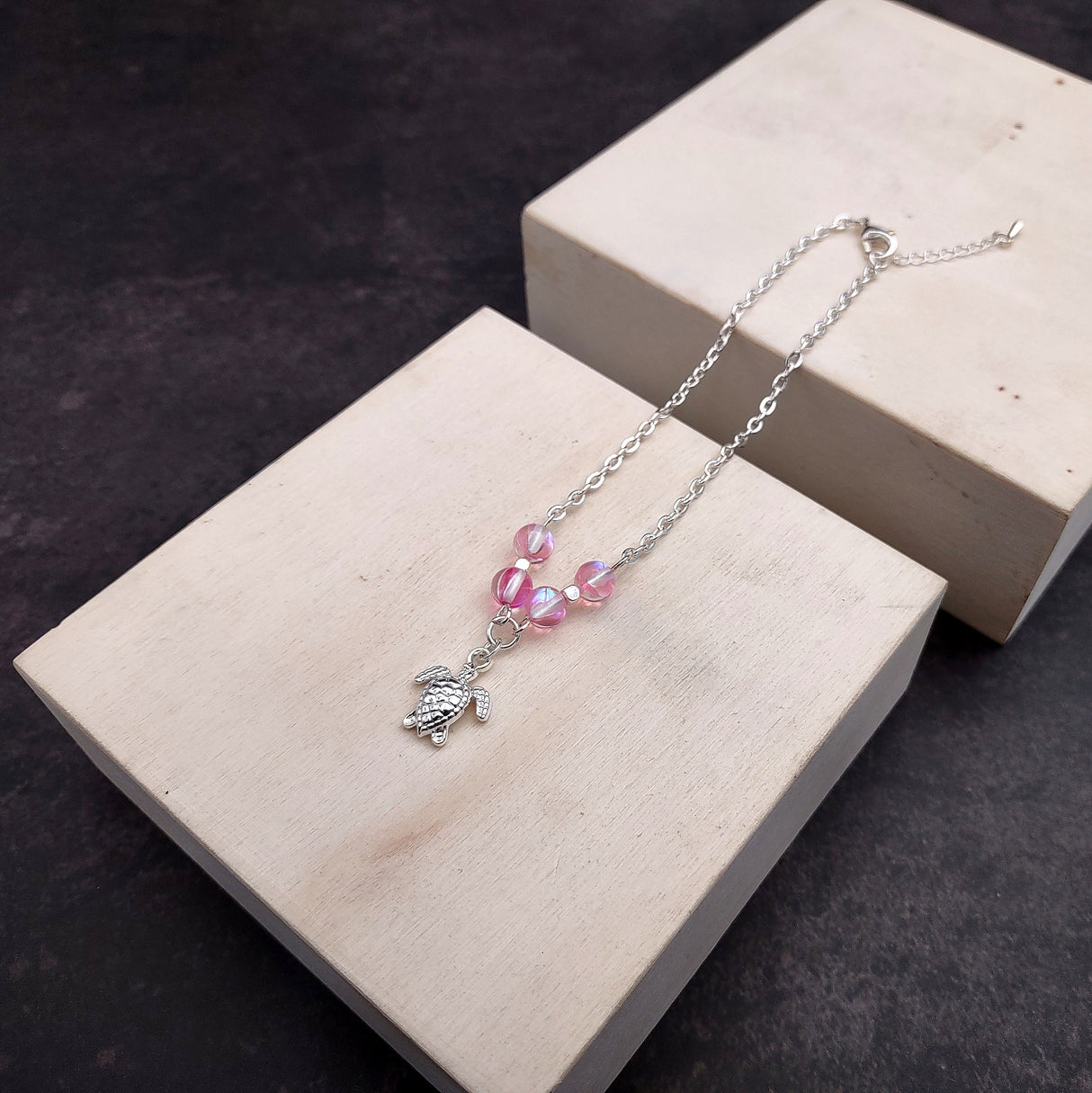 Sea Turtle Anklet Light Pink Beads Silver Color (approx. 9+ inches AROUND) Cute Pink Sea Turtle Charm Anklet for any beachy outfit!