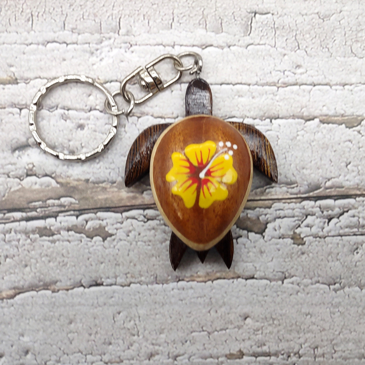 Yellow Hibiscus Painted Wooden Sea Turtle Keychain (1 key fob approx. 4.25+ inches) Wooden Sea Turtle Keychain for gifting or party favors!