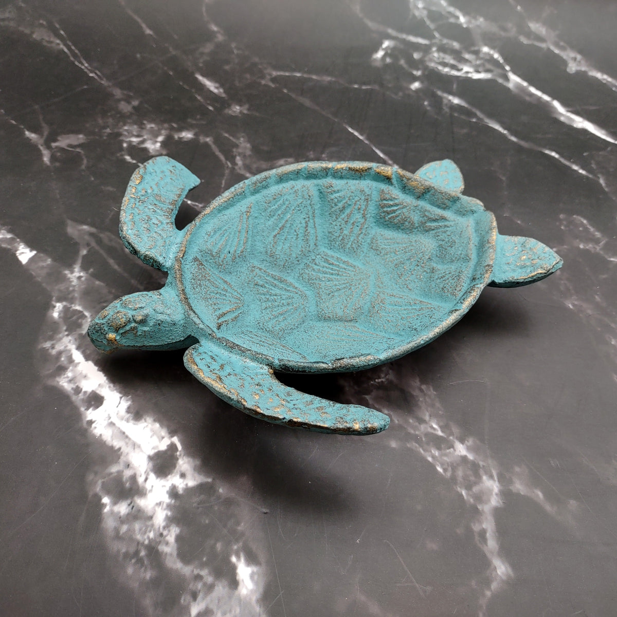 Cast Iron Sea Turtle Green Metal Dish (1 dish approx. 7+ inches wide) Green Metal Sea Turtle Plate adds coastal charm to kitchen & home!