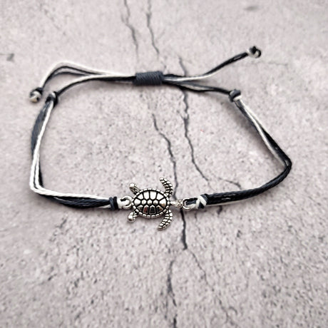 Sea Turtle Charm Bracelet Black Grey White Cord (approx. 5-7+ inches AROUND) Black Grey Sea Turtle String Bracelet Jewelry for gifting!