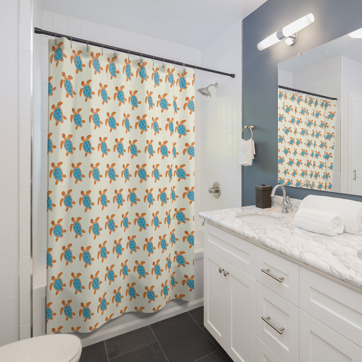 Blue and Orange Sea Turtle Shower Curtains - Coastal Bathroom Decor