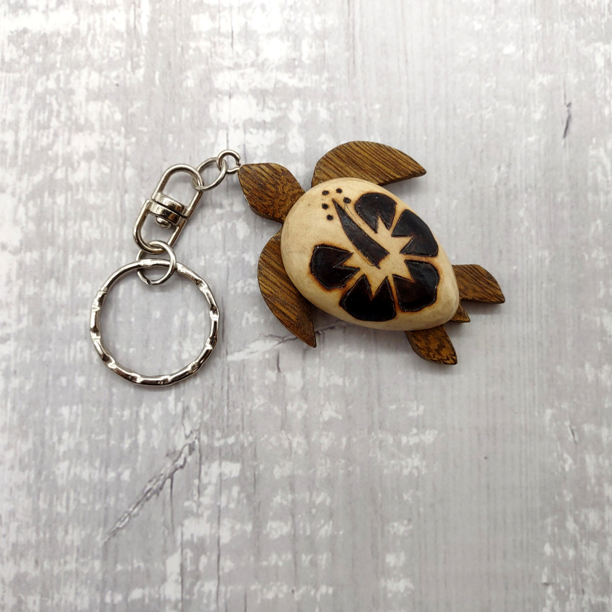 Natural Wood Hibiscus Sea Turtle Keychain (1 keychain approx. 4+ inches) Wooden Pattern Sea Turtle Key Fob for gifting or decorative charm!