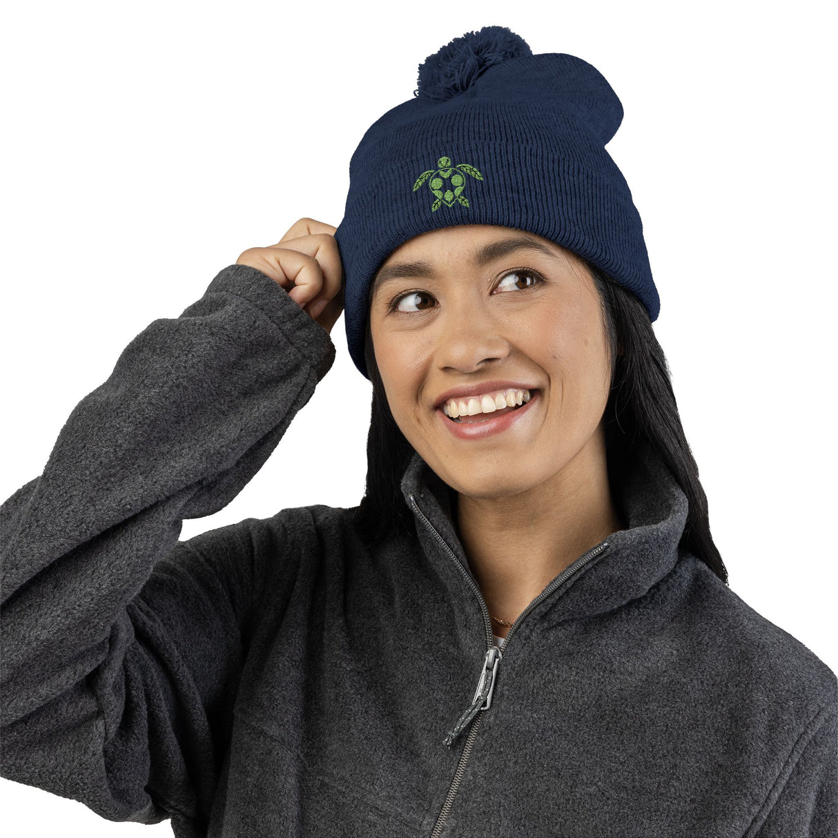Cozy Pom-Pom Knit Cap with Green Sea Turtle Embroidery