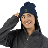 Cozy Pom-Pom Knit Cap with Green Sea Turtle Embroidery