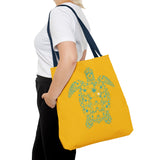 Gold and Teal Tropical Flower Sea Turtle Tote Bag, Eco-Friendly Shopping Bag, Summer Beach Bag, Animal Lover Gift, Cute Tote for Kids & Adults