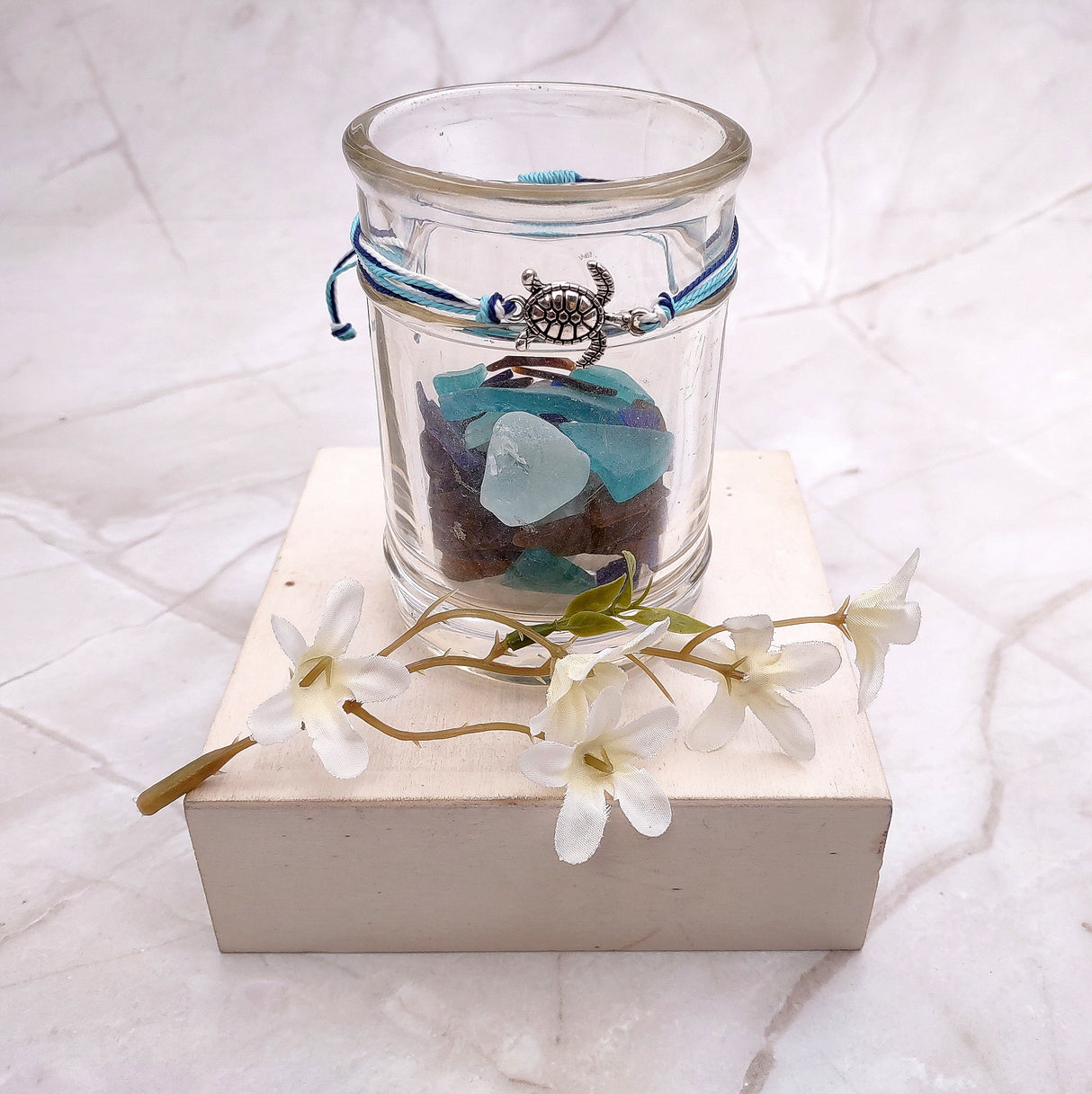 Sea Turtle Charm Bracelet Dark and Light Blue White Cord (approx. 5-7+ inches AROUND) Navy and Baby Blue Sea Turtle String Bracelet to gift!