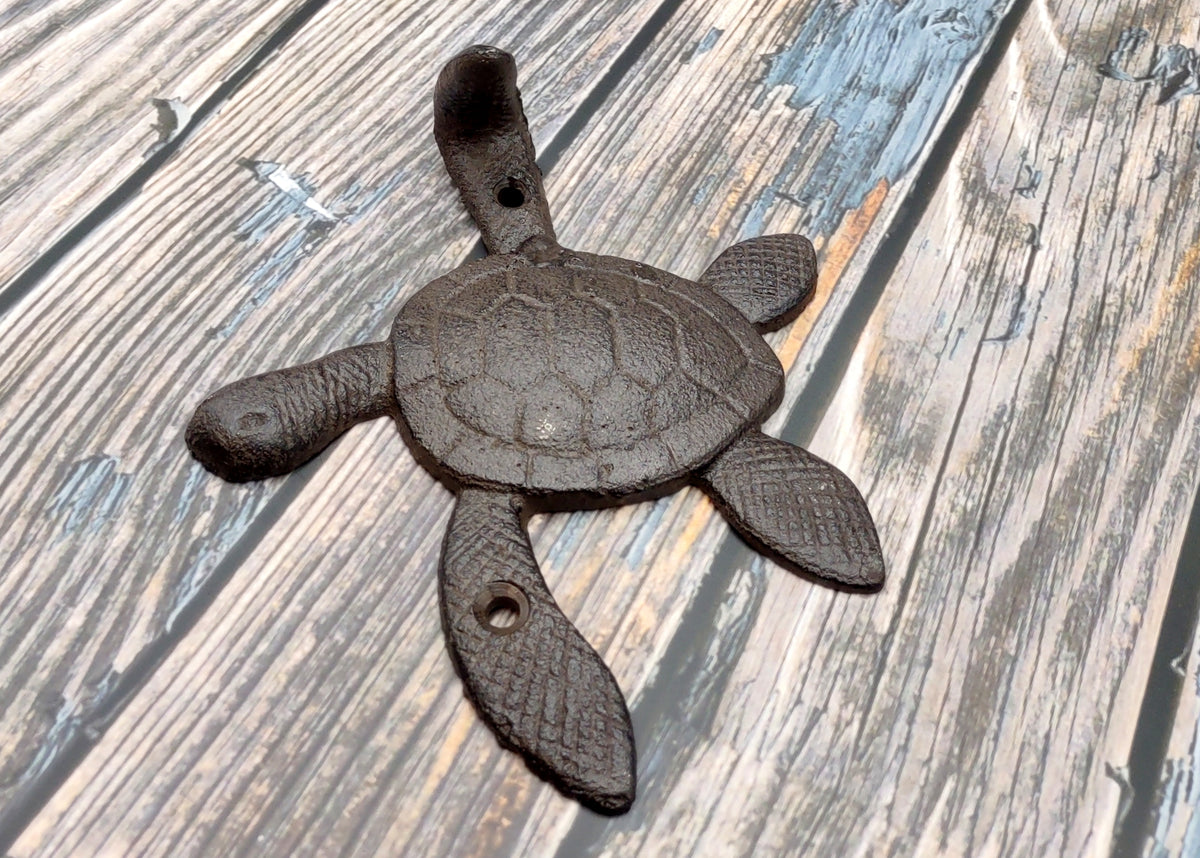 Dark Rust Cast Iron Sea Turtle Wall Hook (1 cast iron hook approx. 6+ inches) Dark Patina Sea Turtle Wall Hanger for coastal home decor!