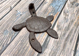 Dark Rust Cast Iron Sea Turtle Wall Hook (1 cast iron hook approx. 6+ inches) Dark Patina Sea Turtle Wall Hanger for coastal home decor!