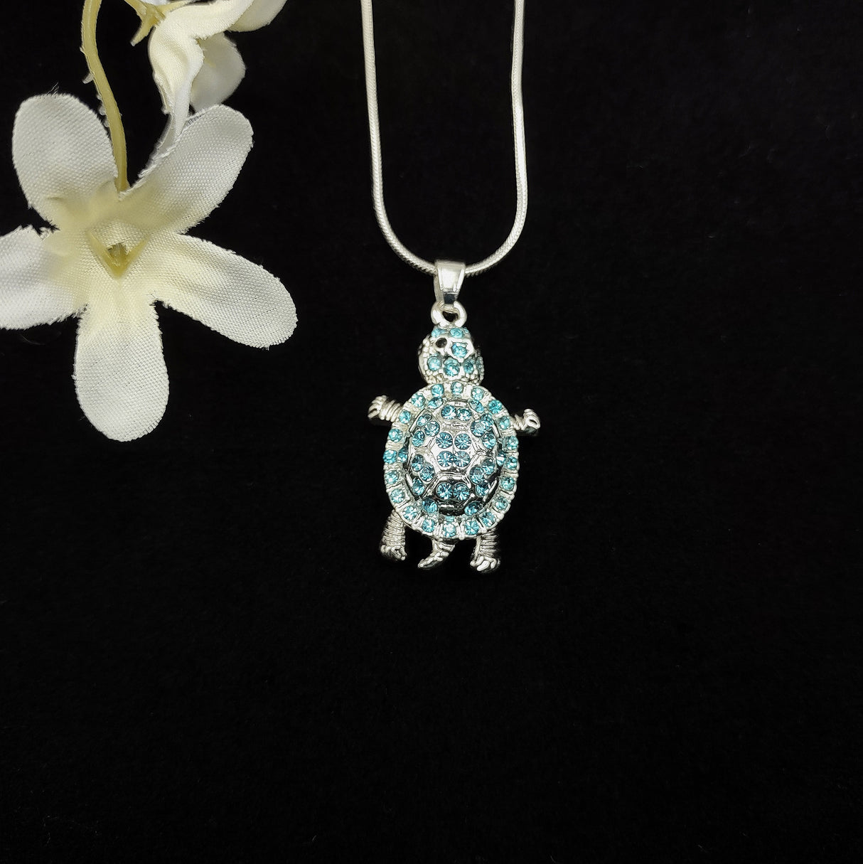 Aqua Rhinestone Sea Turtle Pendant Necklace (approx. 16+ inches AROUND) Teal Sea Turtle Jewelry a gift for ocean & sea turtle enthusiast!
