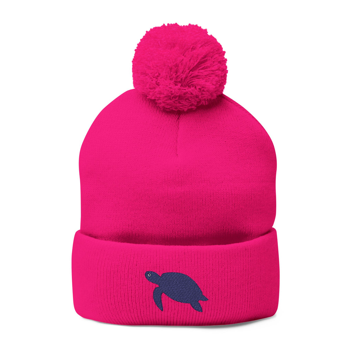 Cozy Pom-Pom Knit Cap with Purple Sea Turtle Embroidery - 4 colors available