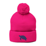 Cozy Pom-Pom Knit Cap with Purple Sea Turtle Embroidery - 4 colors available