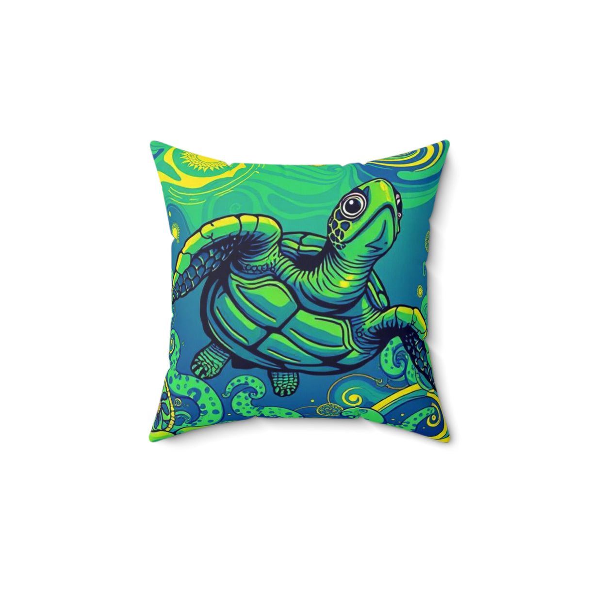 Colorful Green Trippy Sea Turtle Pillow, Faux Suede Pillow - 4 sizes