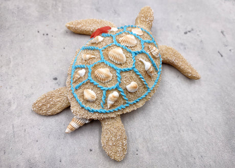 Sandy Sea Turtle Figure With Seashells Net Starfish (1 turtle approx. 5+ inches) Sand Texture Resin Cast Sea Turtle Figure for home decor!
