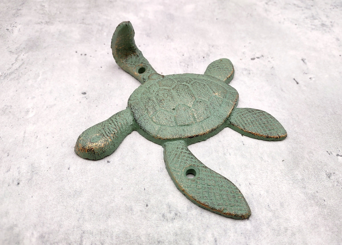 Cast Iron Green Patina Sea Turtle Wall Hook (1 cast iron hook approx. 6+ inches) Verdigris Sea Turtle Wall Hanger for coastal home decor!