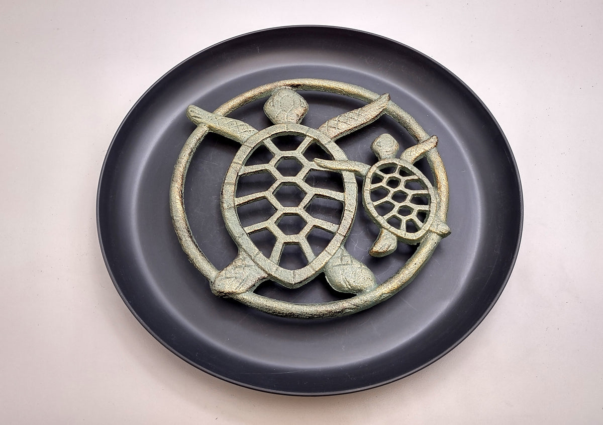 Sea Turtle Trivet Cast Iron Green Gold Weathered Hot Pad (1 trivet approx. 7 inches) Green Sea Turtle Pair Trivet for coastal dining table!