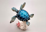 Blue Sea Turtle Figurine on Coral Painted Resin (1 turtle approx. 5+ inches) Blue Painted Resin Turtle on Coral for coastal home décor!