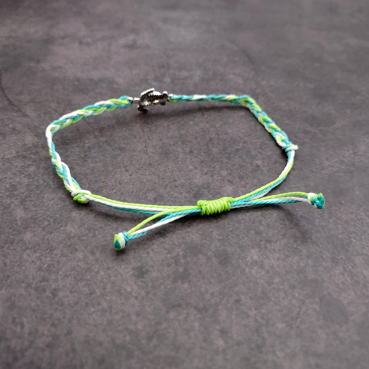 Sea Turtle Bracelet Braided Cord Teal Lime Green White (approx. 5-7+ inches AROUND) Aqua Green White String Sea Turtle Bracelet to gift!