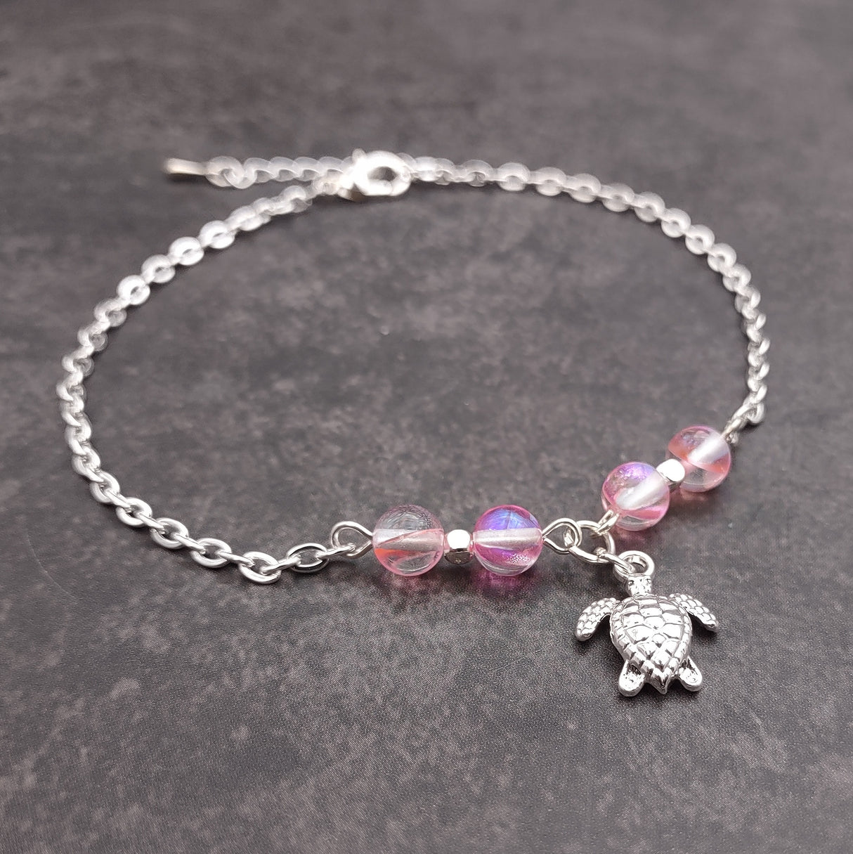 Sea Turtle Anklet Light Pink Beads Silver Color (approx. 9+ inches AROUND) Cute Pink Sea Turtle Charm Anklet for any beachy outfit!