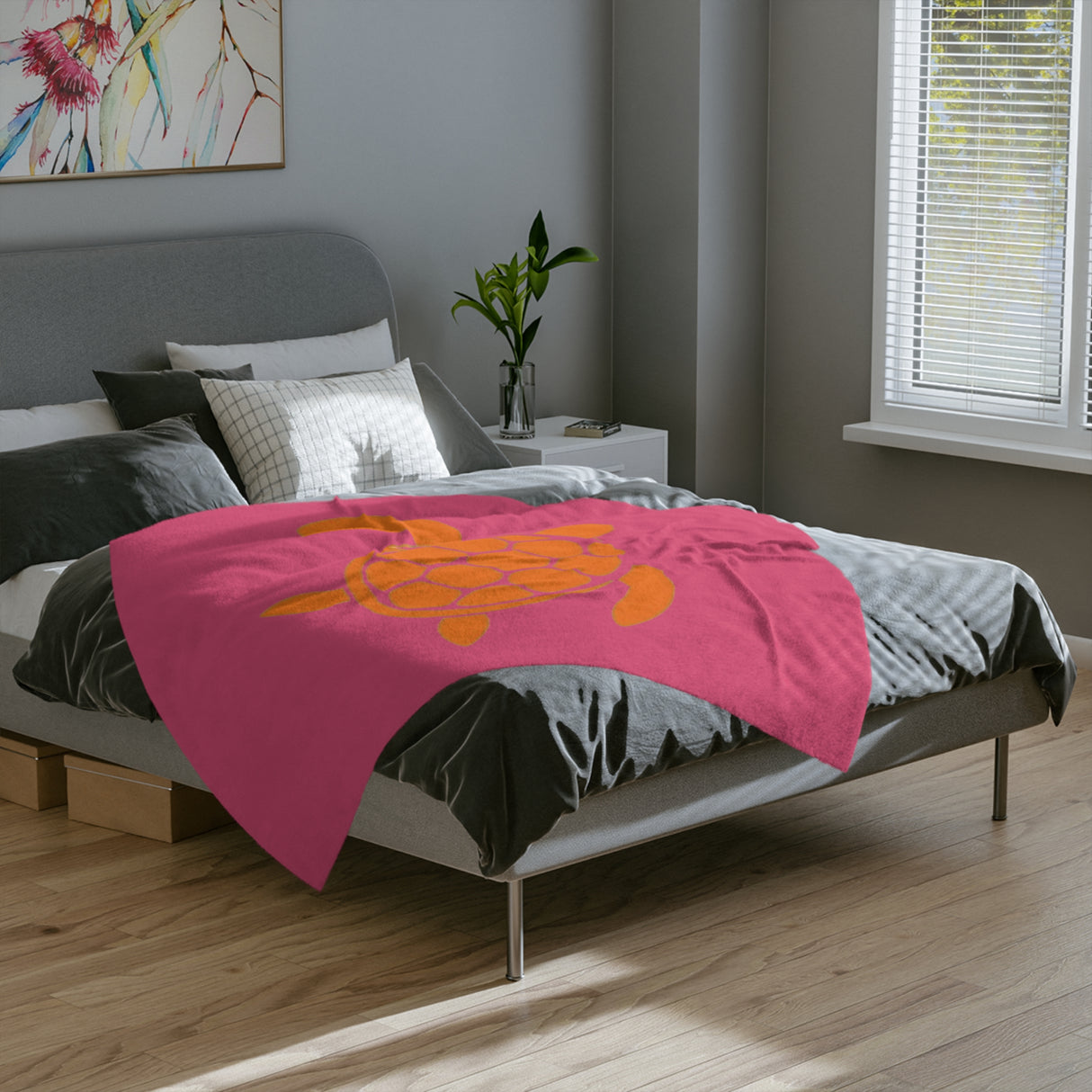 Pink and Orange Sea Turtle -Themed Velveteen Microfiber Blanket - 3 Sizes